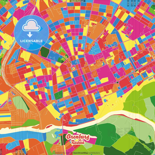 Orenburg, Orenburg Oblast, Russia Crazy Colorful Street Map Poster Template