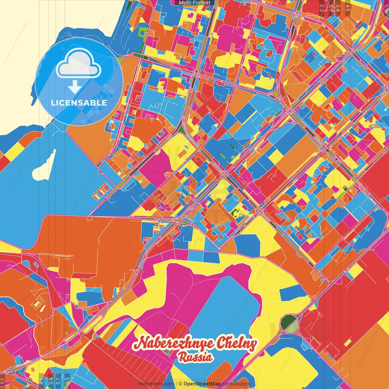 Naberezhnye Chelny, Republic of Tatarstan, Russia Crazy Colorful Street Map Poster Template