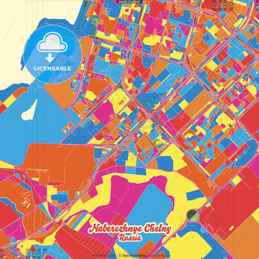 Naberezhnye Chelny, Republic of Tatarstan, Russia Crazy Colorful Street Map Poster Template