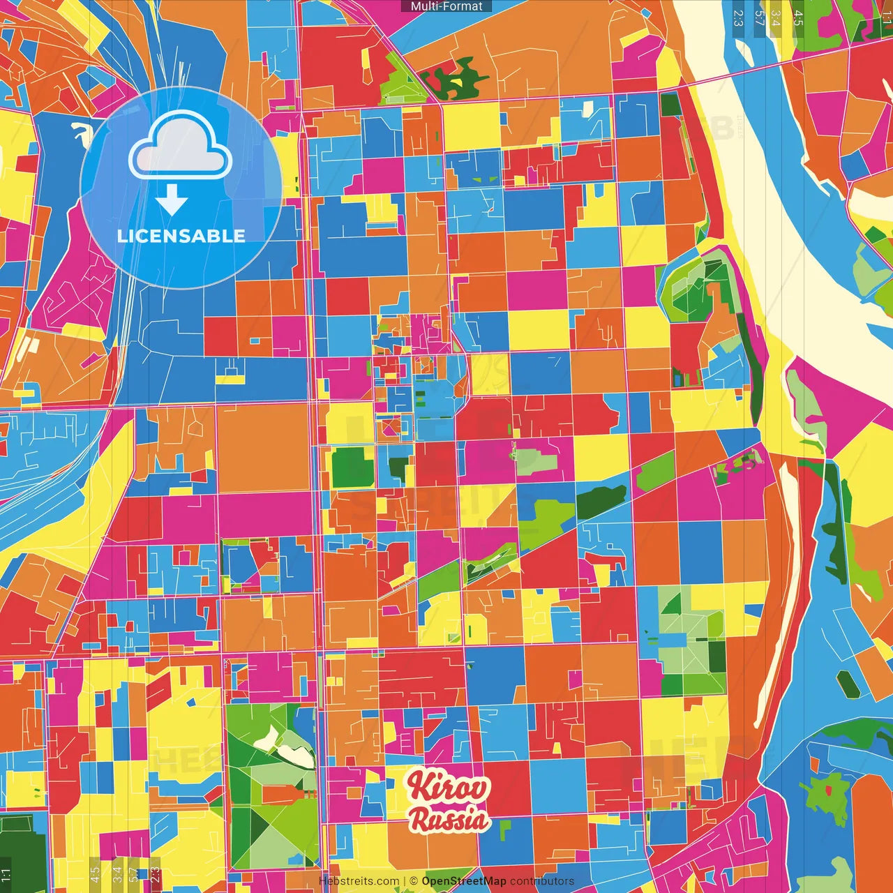 Kirov, Kirov Oblast, Russia Crazy Colorful Street Map Poster Template