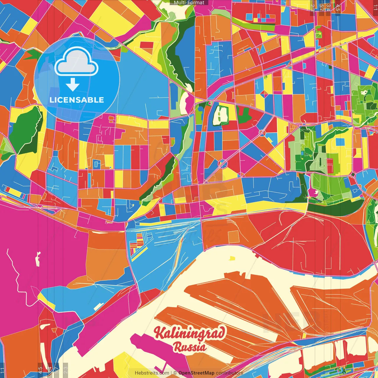 Kaliningrad, Kaliningrad Oblast, Russia Crazy Colorful Street Map Poster Template