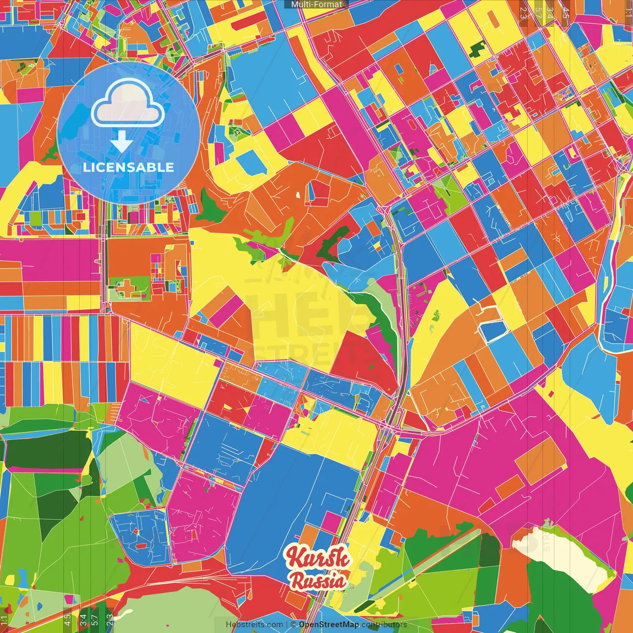 Kursk, Kursk Oblast, Russia Crazy Colorful Street Map Poster Template