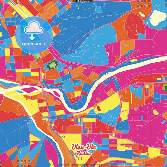 Ulan-Ude, Republic of Buryatia, Russia Crazy Colorful Street Map Poster Template