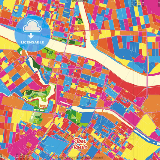 Tver, Tver Oblast, Russia Crazy Colorful Street Map Poster Template