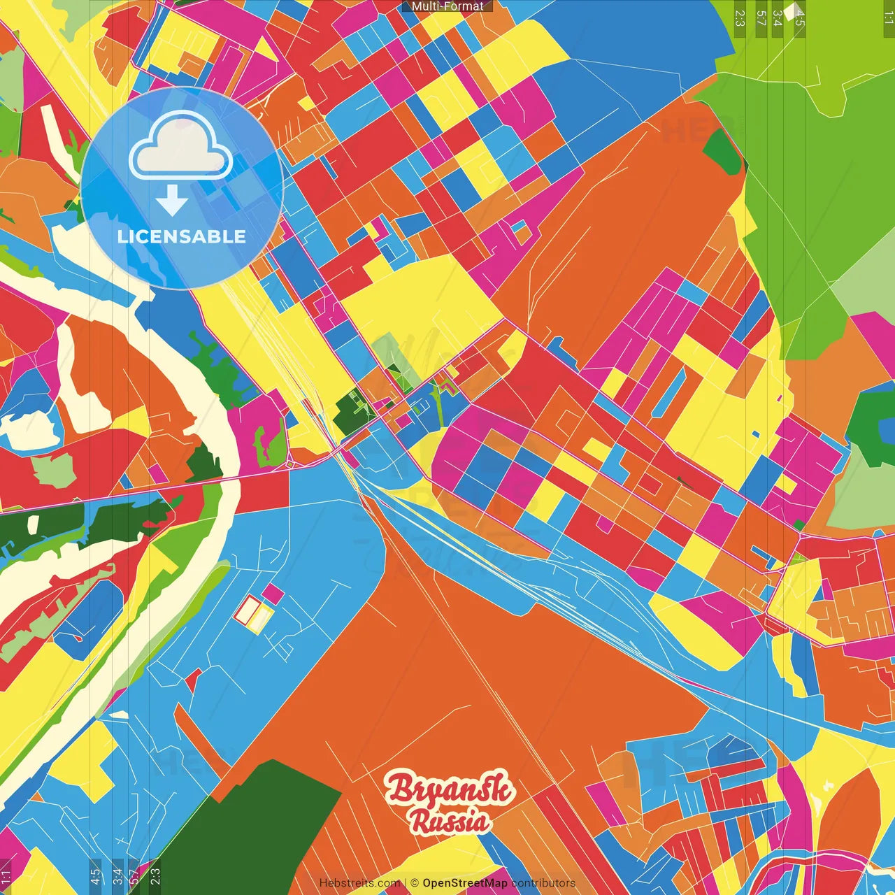 Bryansk, Bryansk Oblast, Russia Crazy Colorful Street Map Poster Template