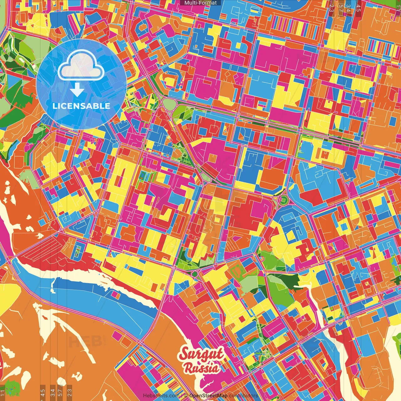 Surgut, Khanty-Mansi Autonomous Okrug-Yugra, Russia Crazy Colorful Street Map Poster Template