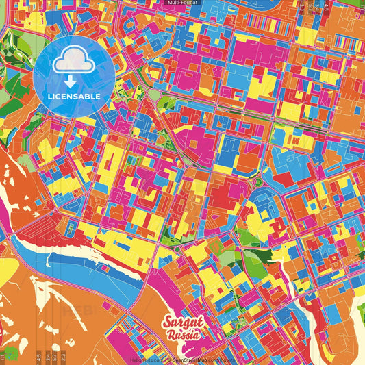 Surgut, Khanty-Mansi Autonomous Okrug-Yugra, Russia Crazy Colorful Street Map Poster Template
