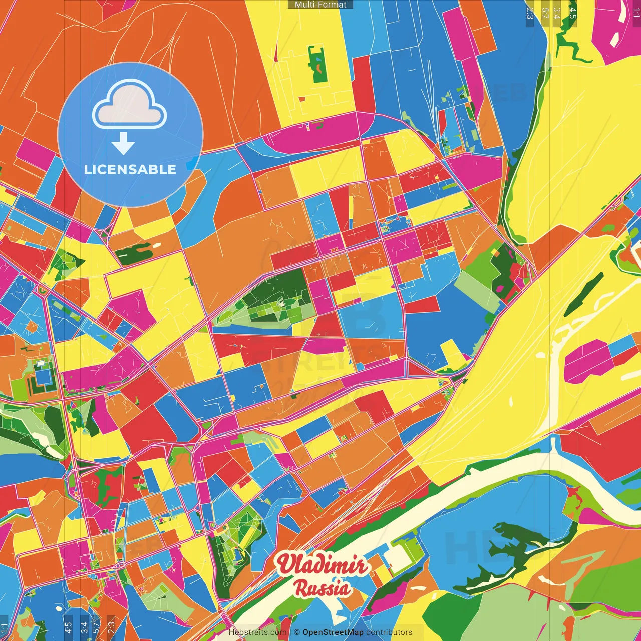 Vladimir, Vladimir Oblast, Russia Crazy Colorful Street Map Poster Template