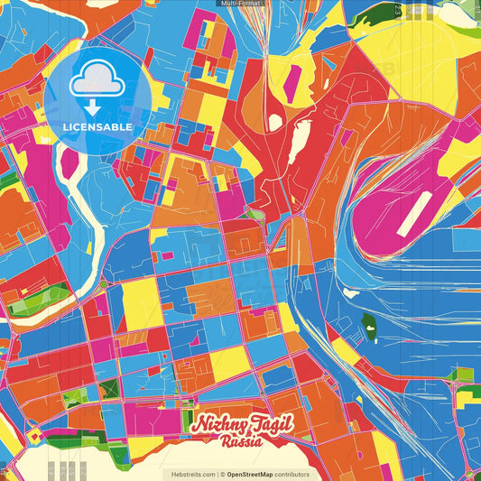 Nizhny Tagil, Sverdlovsk Oblast, Russia Crazy Colorful Street Map Poster Template