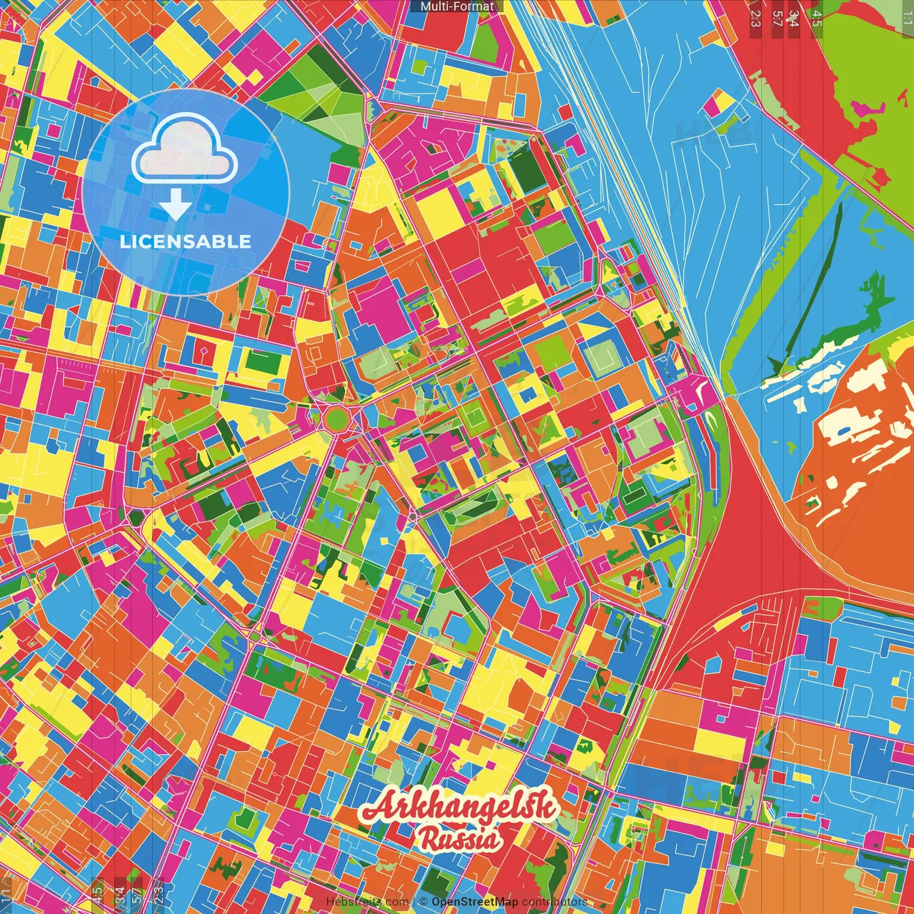 Arkhangelsk, Arkhangelsk Oblast, Russia Crazy Colorful Street Map Poster Template