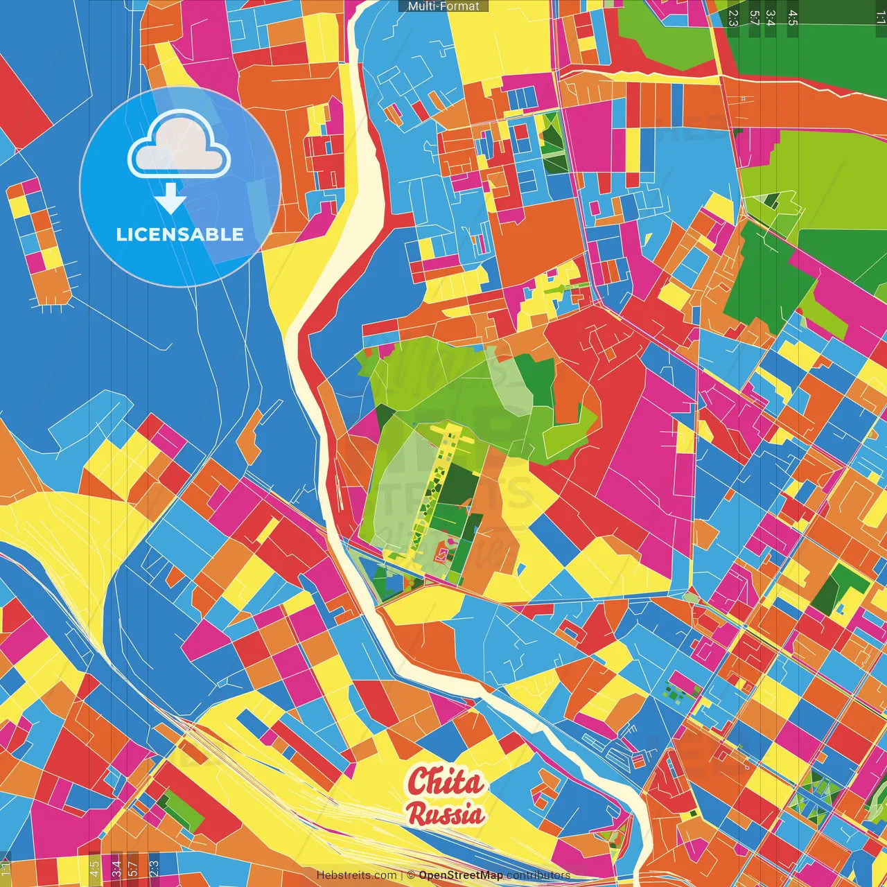 Chita, Zabaykalsky Krai, Russia Crazy Colorful Street Map Poster Template