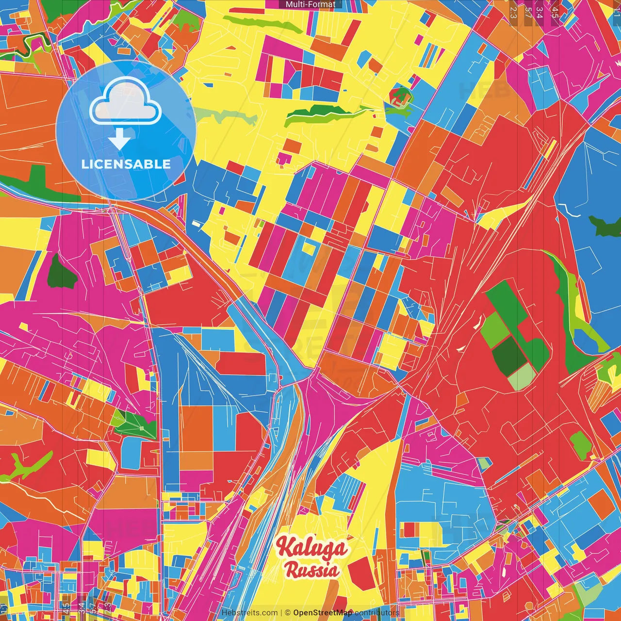Kaluga, Kaluga Oblast, Russia Crazy Colorful Street Map Poster Template