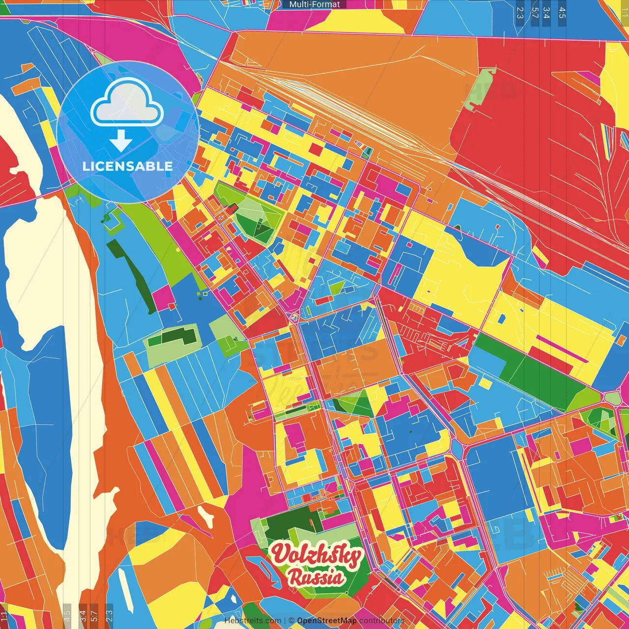 Volzhsky, Volgograd Oblast, Russia Crazy Colorful Street Map Poster Template