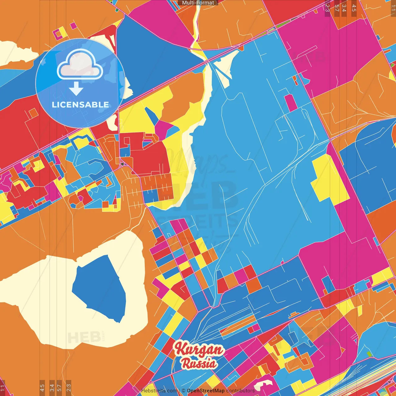 Kurgan, Kurgan Oblast, Russia Crazy Colorful Street Map Poster Template