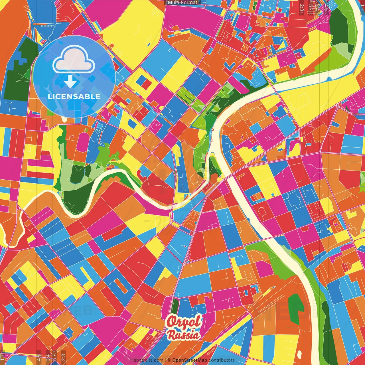 Oryol, Oryol Oblast, Russia Crazy Colorful Street Map Poster Template