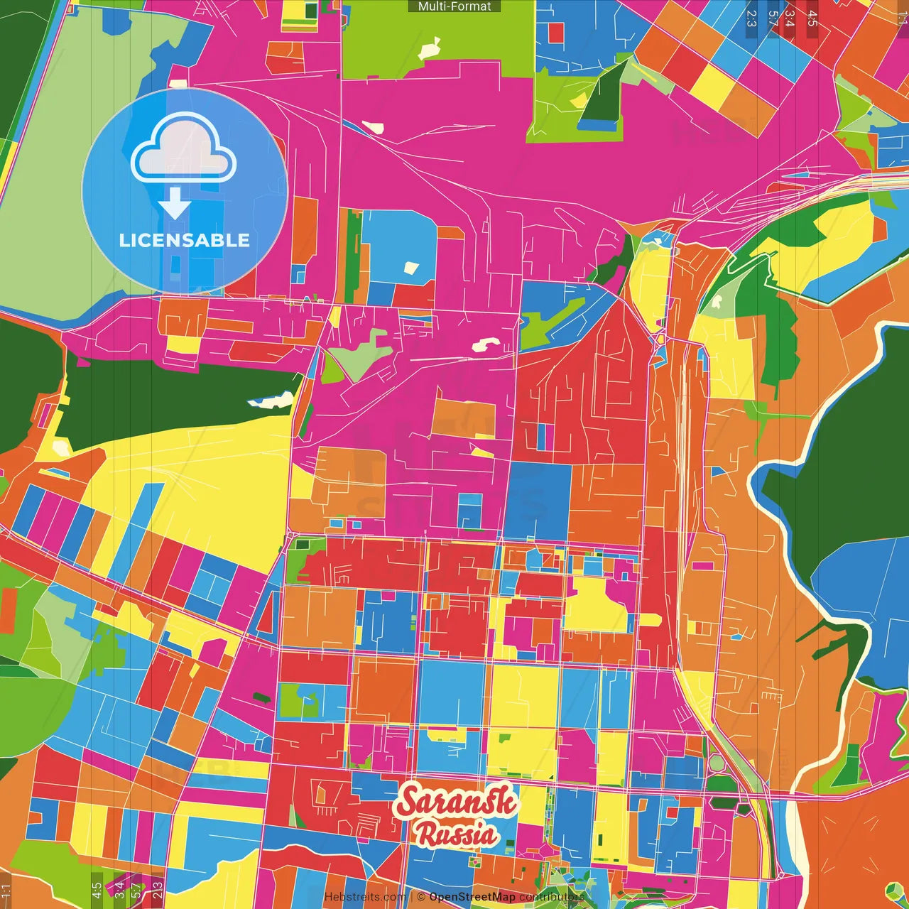 Saransk, Republic of Mordovia, Russia Crazy Colorful Street Map Poster Template
