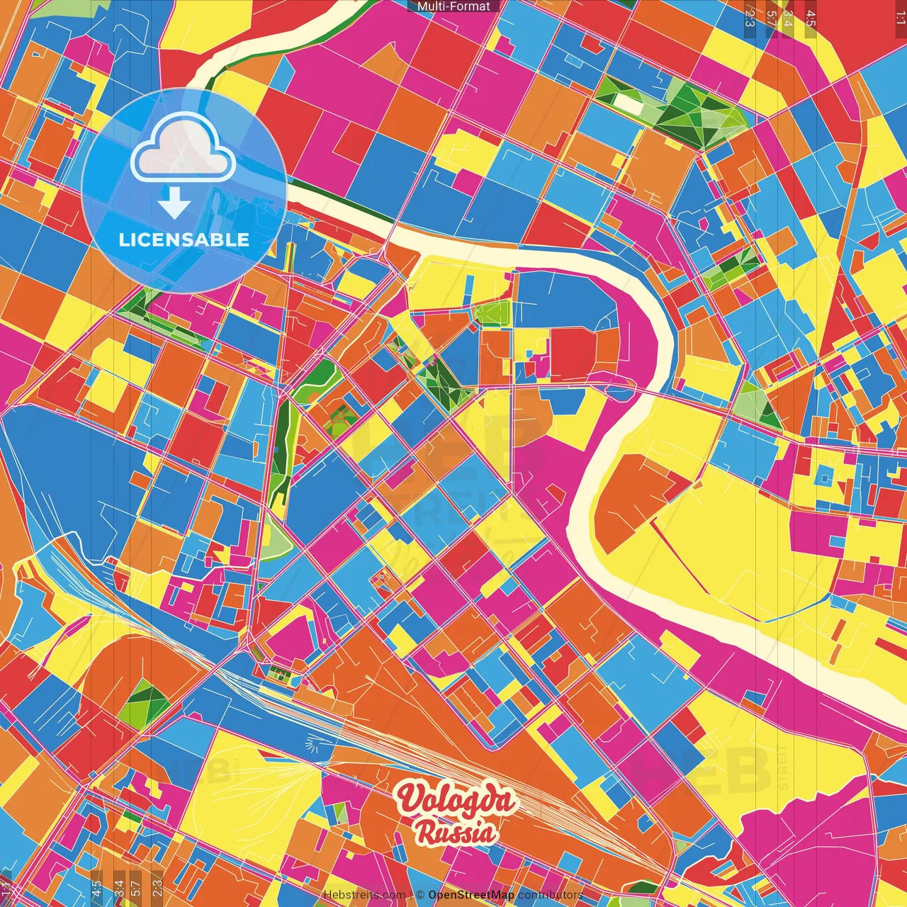 Vologda, Vologda Oblast, Russia Crazy Colorful Street Map Poster Template