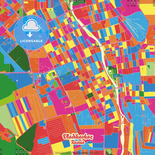 Vladikavkaz, Republic of North Ossetia-Alania, Russia Crazy Colorful Street Map Poster Template