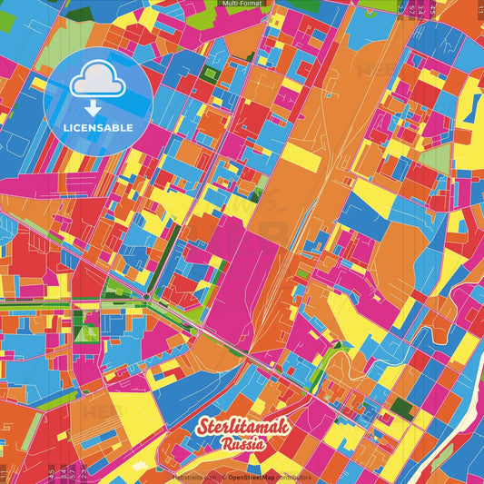 Sterlitamak, Republic of Bashkortostan, Russia Crazy Colorful Street Map Poster Template