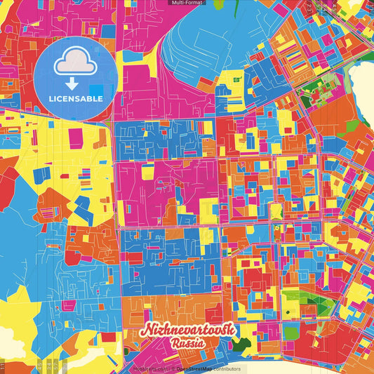 Nizhnevartovsk, Khanty-Mansi Autonomous Okrug-Yugra, Russia Crazy Colorful Street Map Poster Template