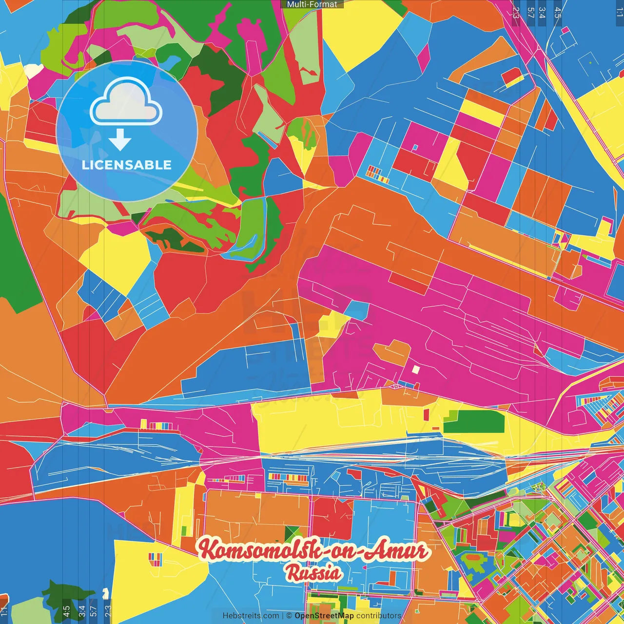 Komsomolsk-on-Amur, Khabarovsk Krai, Russia Crazy Colorful Street Map Poster Template