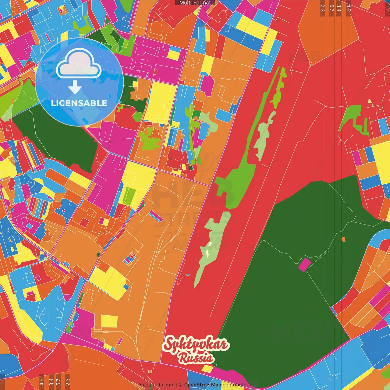 Syktyvkar, Komi Republic, Russia Crazy Colorful Street Map Poster Template
