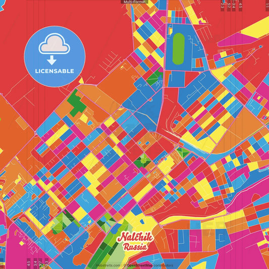 Nalchik, Kabardino-Balkar Republic, Russia Crazy Colorful Street Map Poster Template