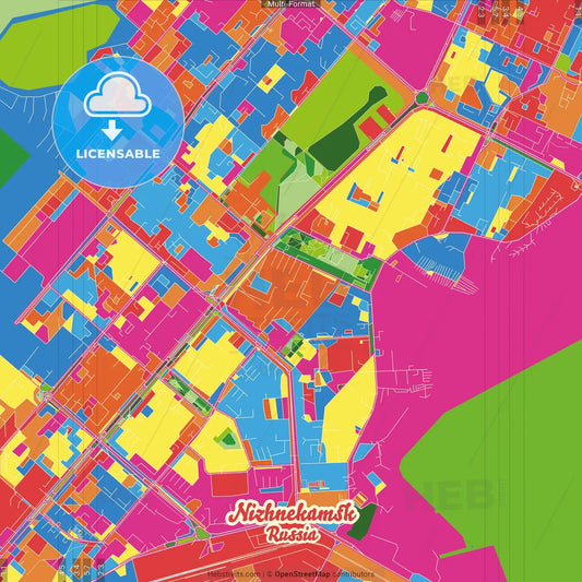 Nizhnekamsk, Republic of Tatarstan, Russia Crazy Colorful Street Map Poster Template