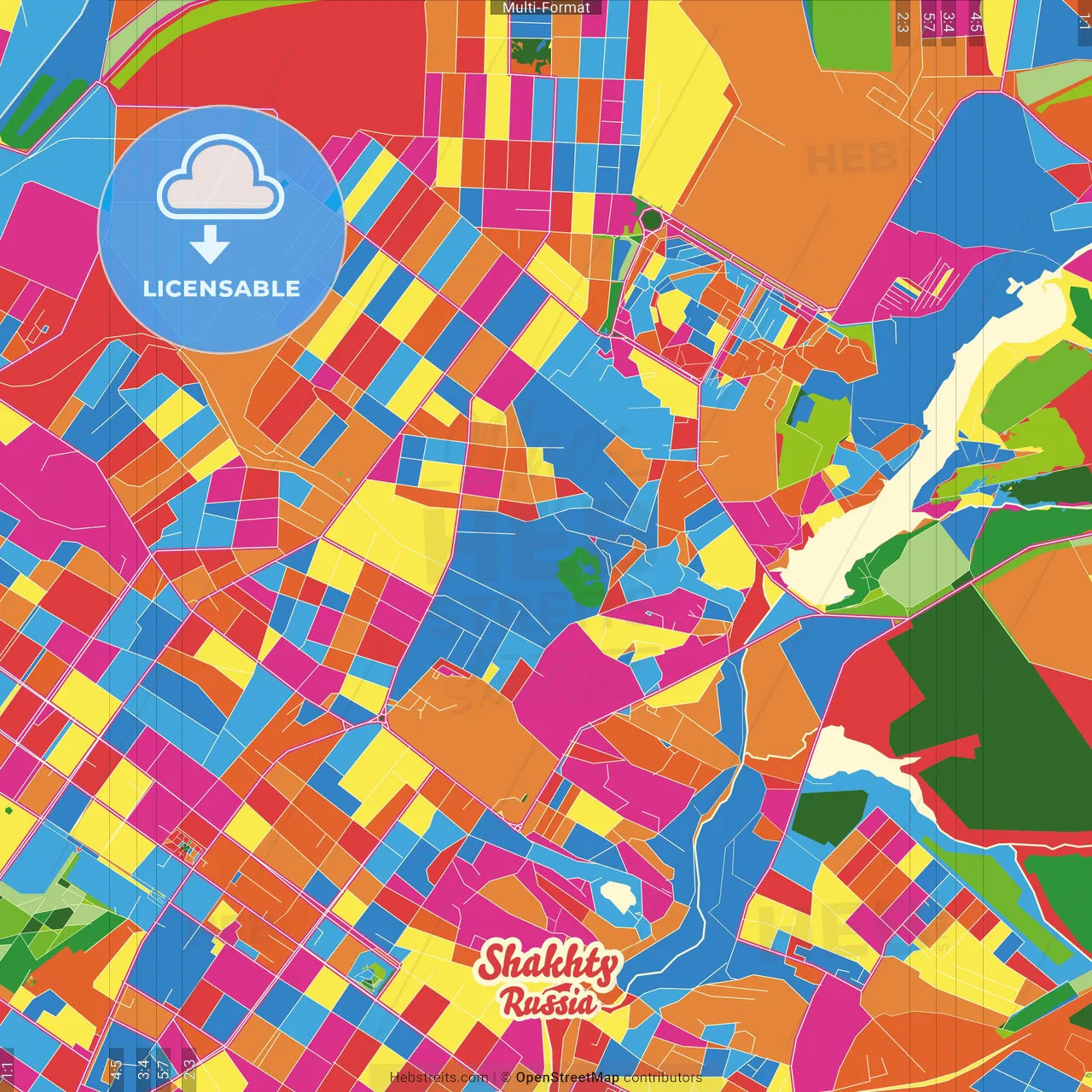 Shakhty, Rostov Oblast, Russia Crazy Colorful Street Map Poster Template