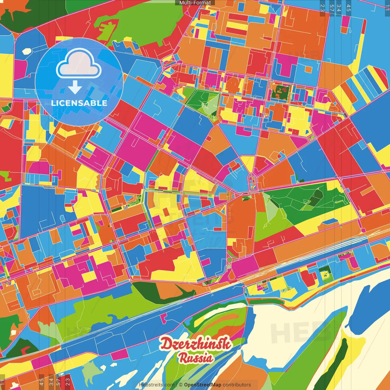 Dzerzhinsk, Nizhny Novgorod Oblast, Russia Crazy Colorful Street Map Poster Template