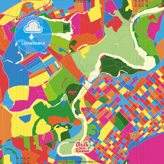 Orsk, Orenburg Oblast, Russia Crazy Colorful Street Map Poster Template
