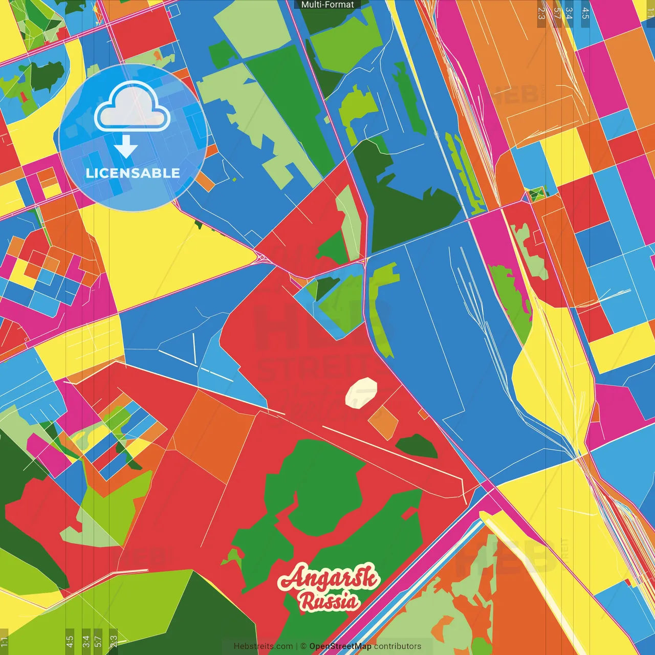Angarsk, Irkutsk Oblast, Russia Crazy Colorful Street Map Poster Template