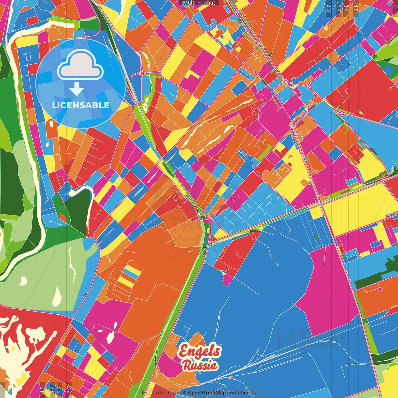 Engels, Saratov Oblast, Russia Crazy Colorful Street Map Poster Template