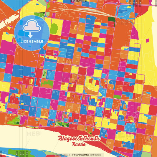 Blagoveshchensk, Amur Oblast, Russia Crazy Colorful Street Map Poster Template