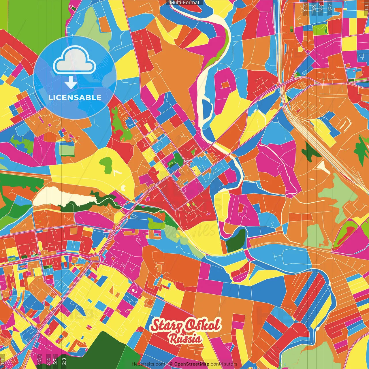Stary Oskol, Belgorod Oblast, Russia Crazy Colorful Street Map Poster Template