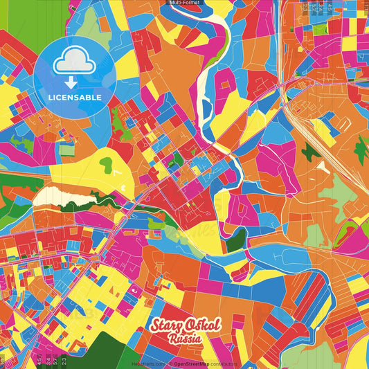 Stary Oskol, Belgorod Oblast, Russia Crazy Colorful Street Map Poster Template