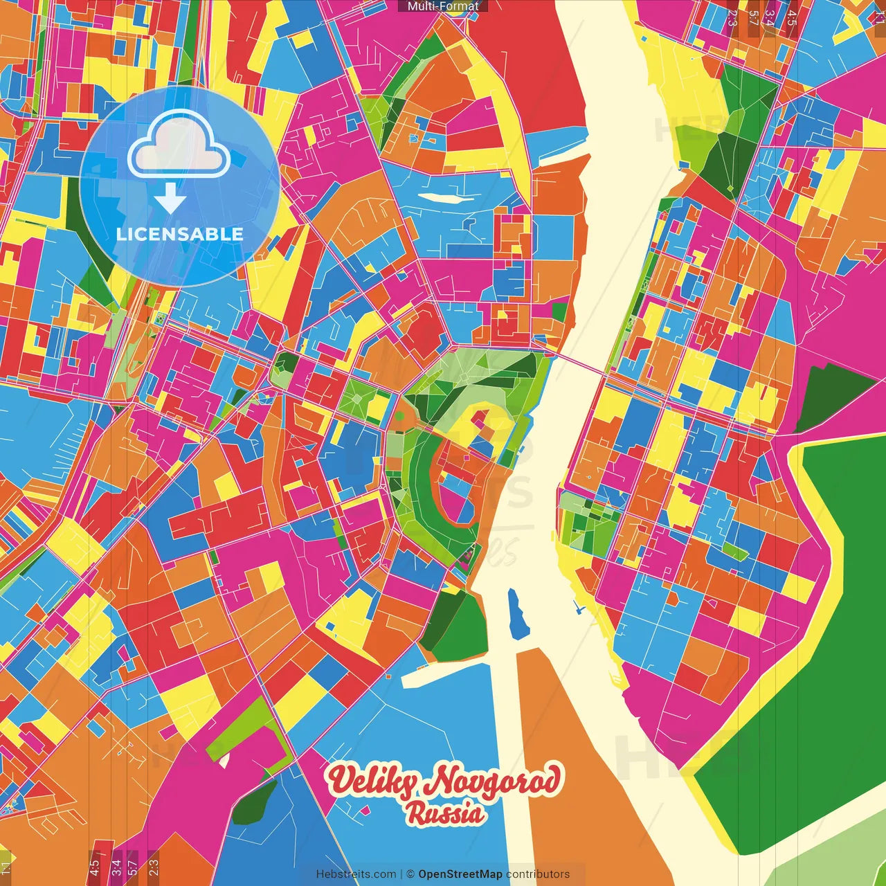 Veliky Novgorod, Novgorod Oblast, Russia Crazy Colorful Street Map Poster Template