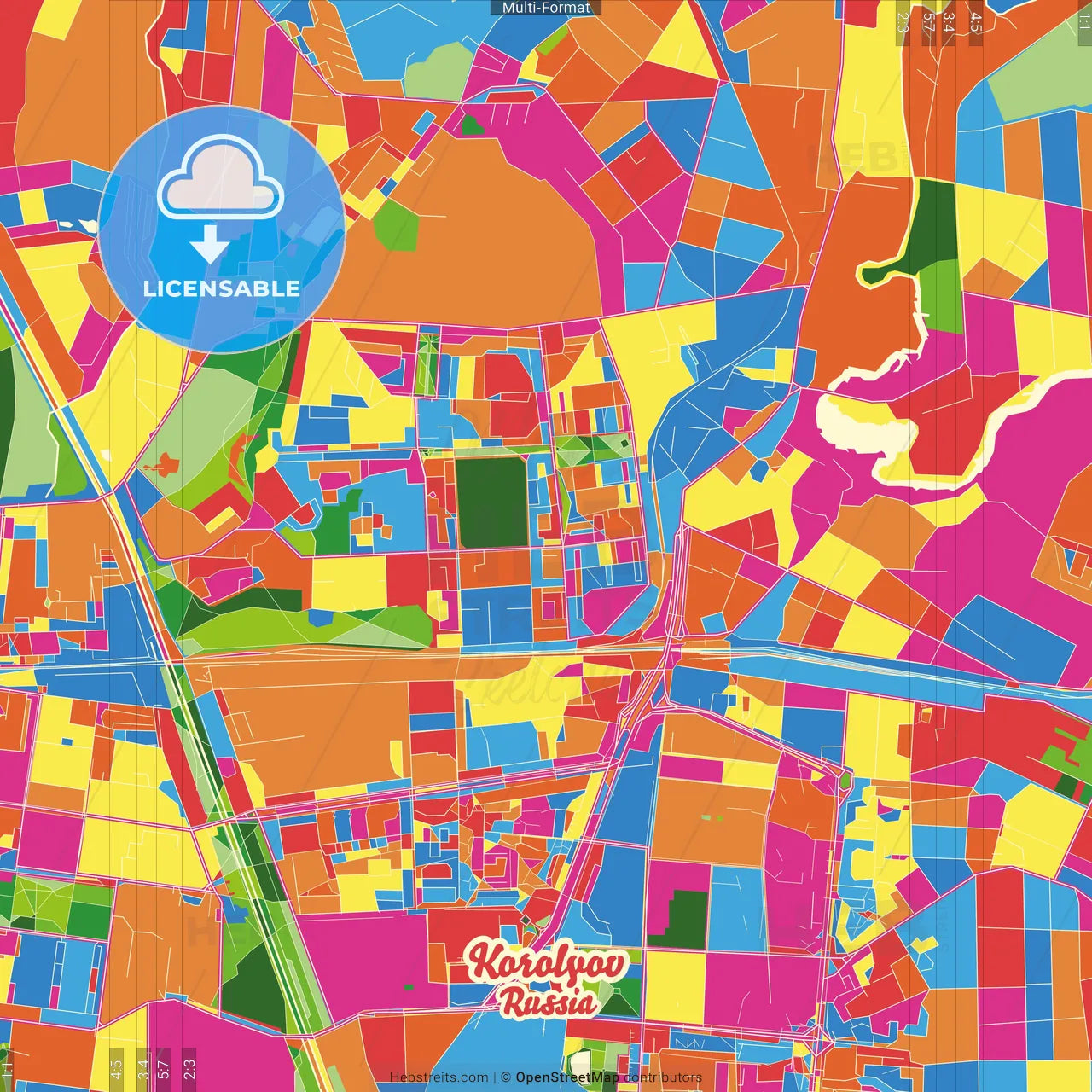 Korolyov, Moscow Oblast, Russia Crazy Colorful Street Map Poster Template