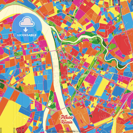 Pskov, Pskov Oblast, Russia Crazy Colorful Street Map Poster Template