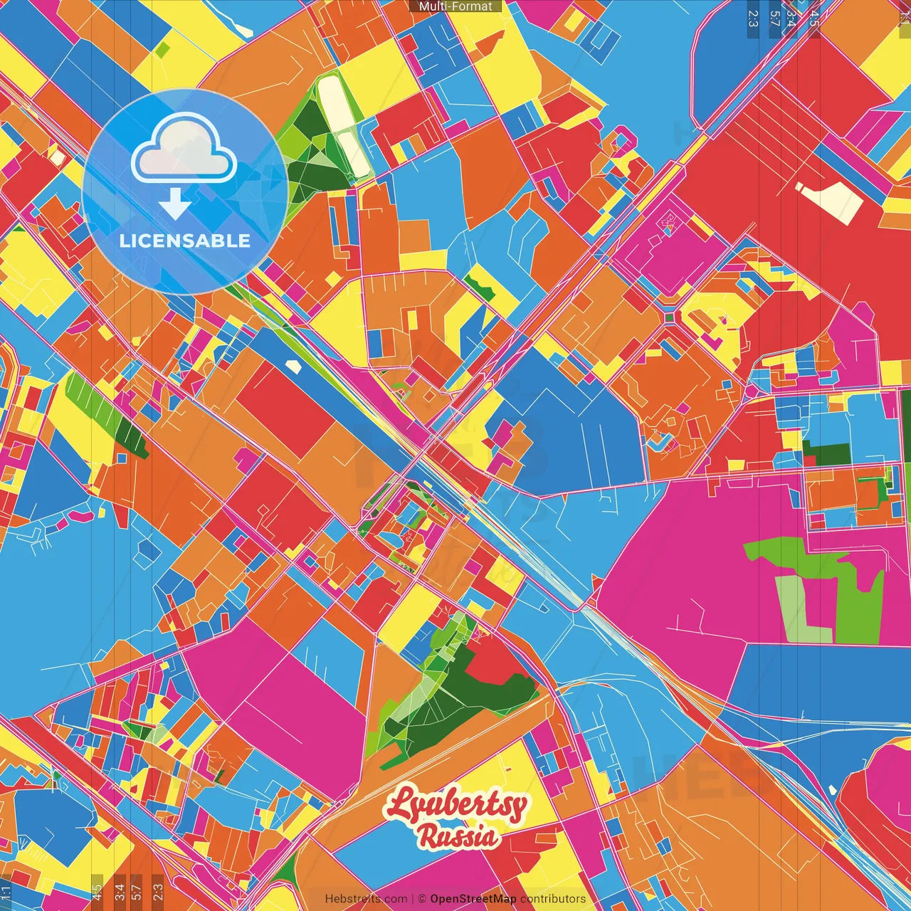 Lyubertsy, Moscow Oblast, Russia Crazy Colorful Street Map Poster Template