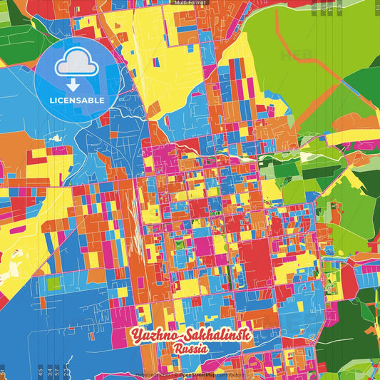 Yuzhno-Sakhalinsk, Sakhalin Oblast, Russia Crazy Colorful Street Map Poster Template