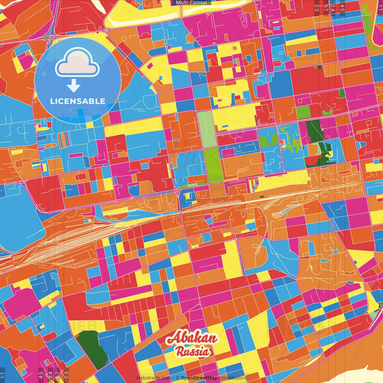 Abakan, Republic of Khakassia, Russia Crazy Colorful Street Map Poster Template
