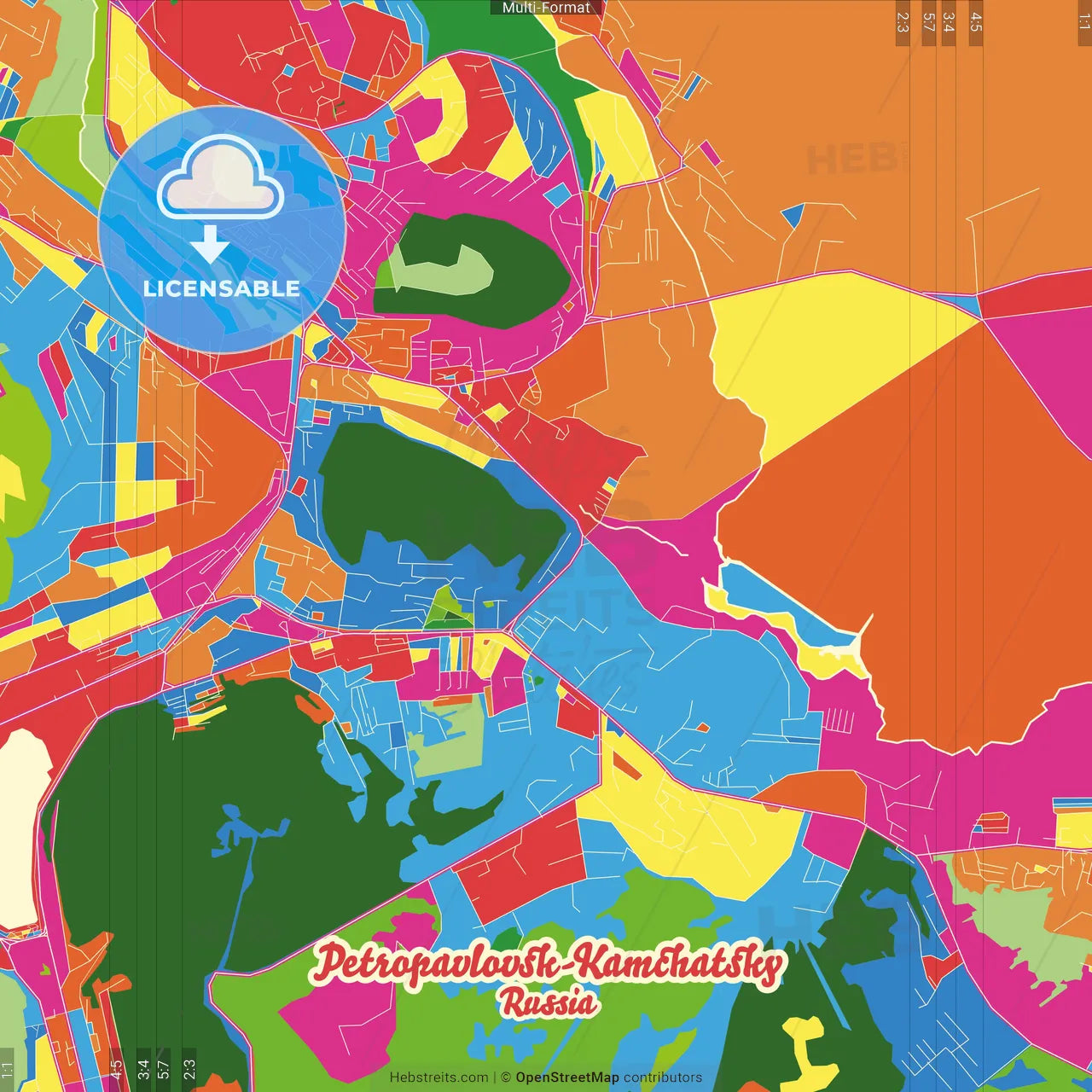 Petropavlovsk-Kamchatsky, Kamchatka Krai, Russia Crazy Colorful Street Map Poster Template