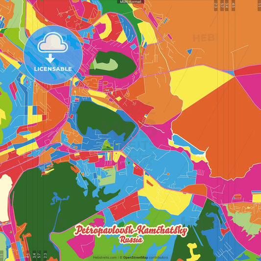 Petropavlovsk-Kamchatsky, Kamchatka Krai, Russia Crazy Colorful Street Map Poster Template