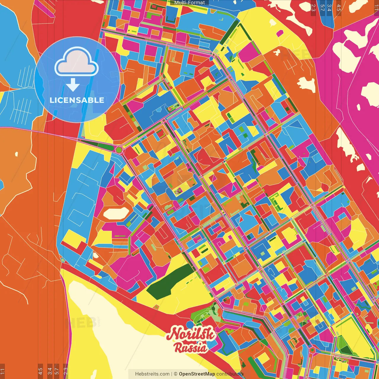 Norilsk, Krasnoyarsk Krai, Russia Crazy Colorful Street Map Poster Template