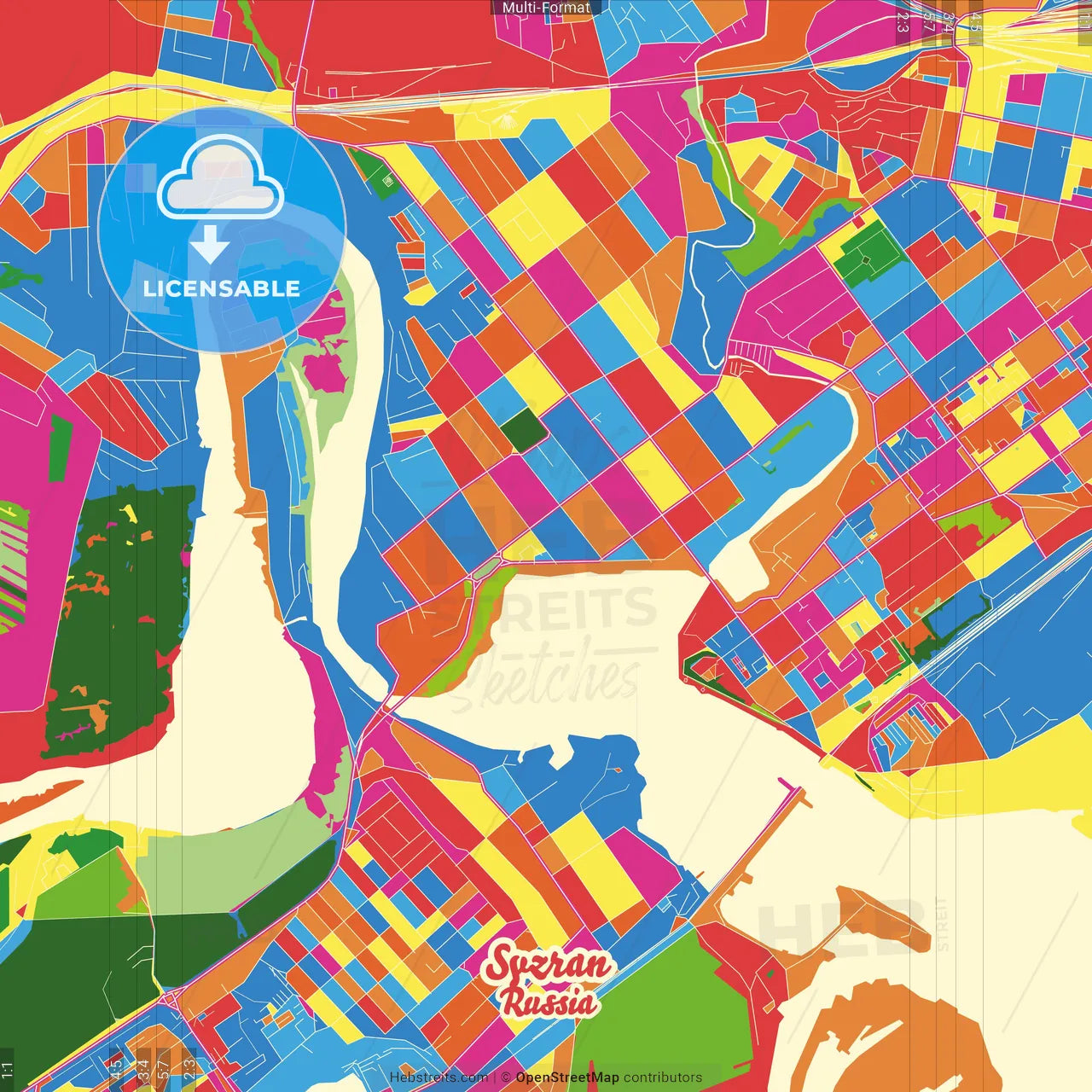 Syzran, Samara Oblast, Russia Crazy Colorful Street Map Poster Template