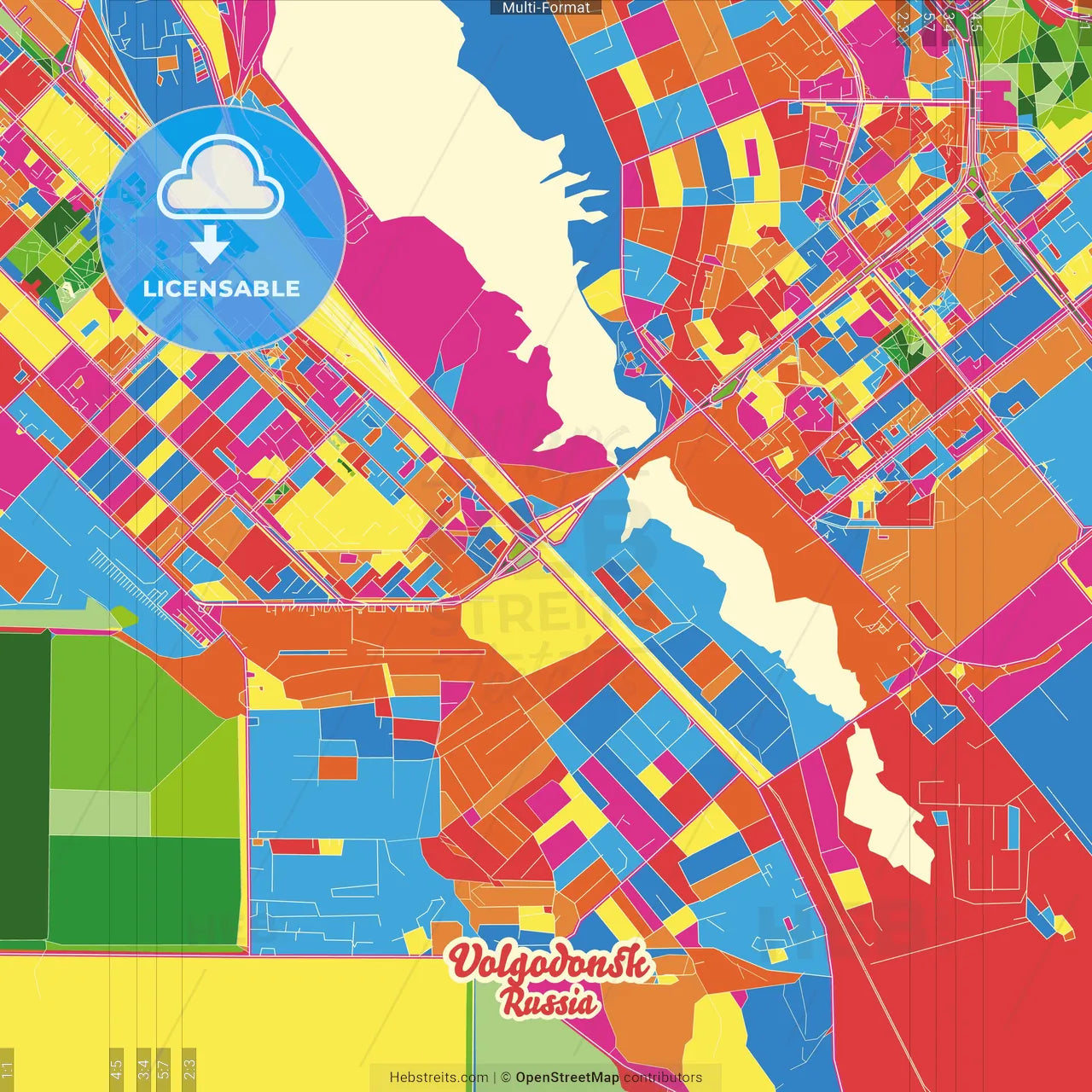 Volgodonsk, Rostov Oblast, Russia Crazy Colorful Street Map Poster Template