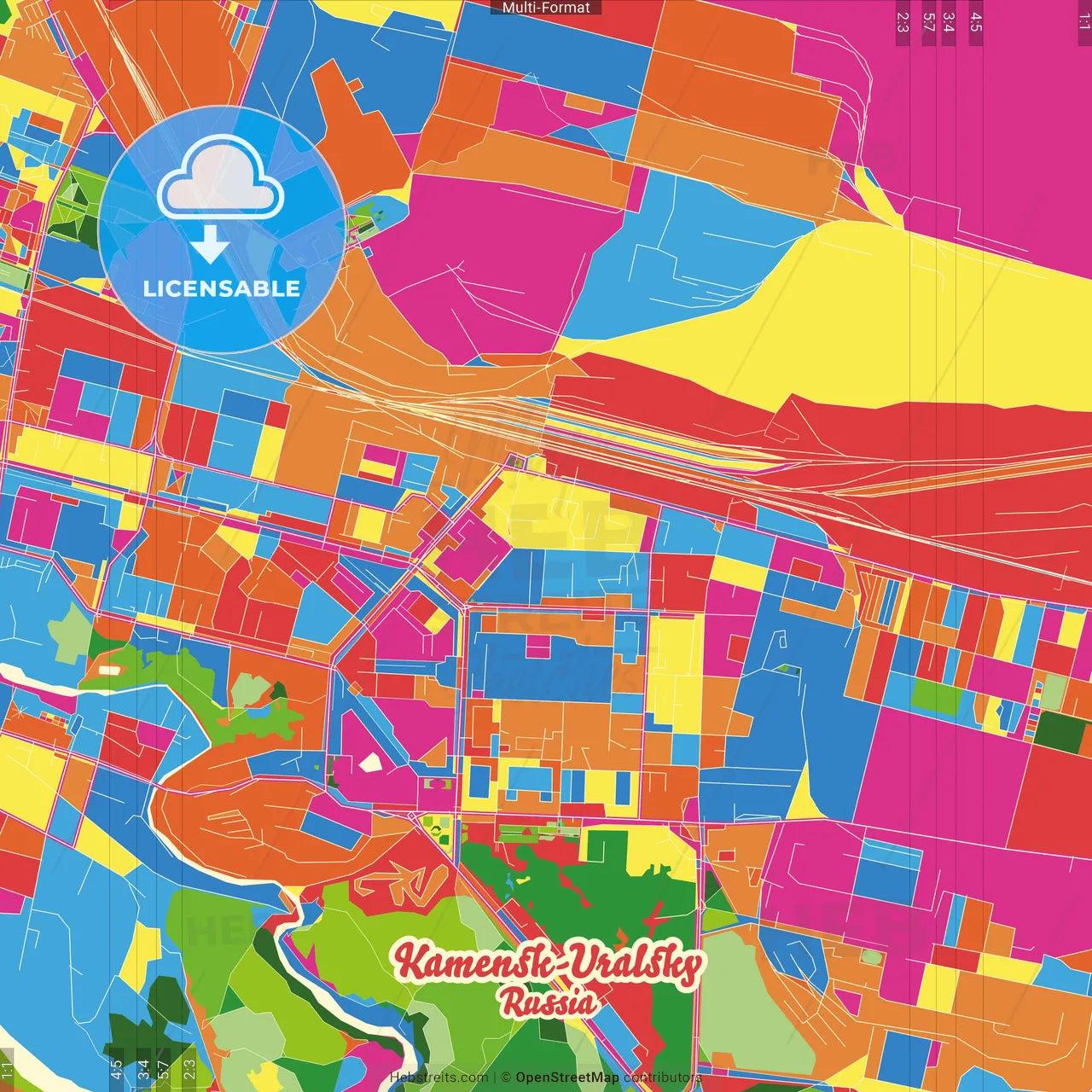Kamensk-Uralsky, Sverdlovsk Oblast, Russia Crazy Colorful Street Map Poster Template