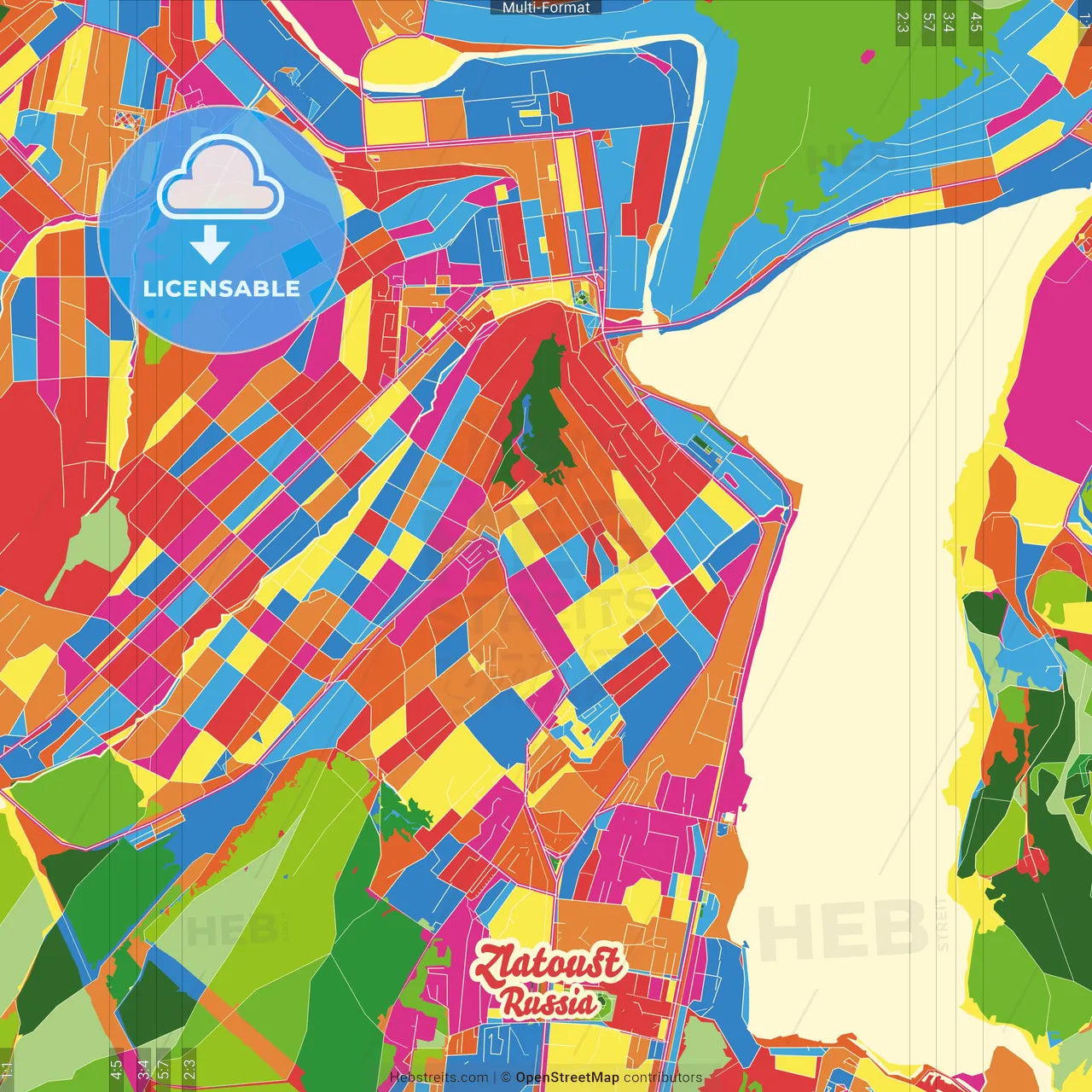Zlatoust, Chelyabinsk Oblast, Russia Crazy Colorful Street Map Poster Template