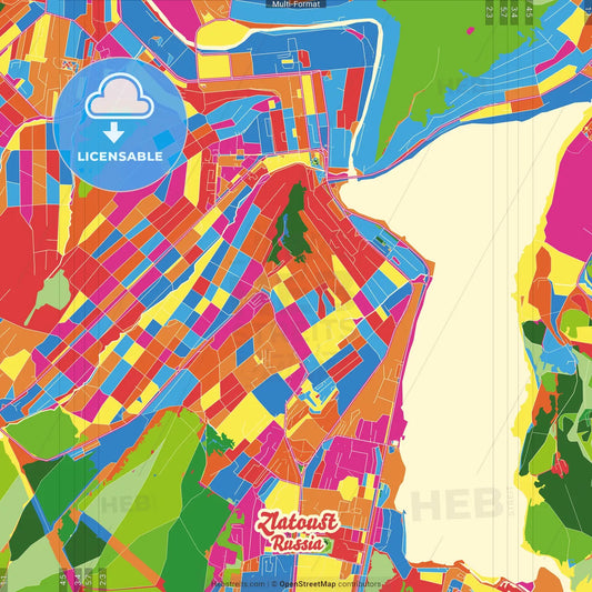 Zlatoust, Chelyabinsk Oblast, Russia Crazy Colorful Street Map Poster Template